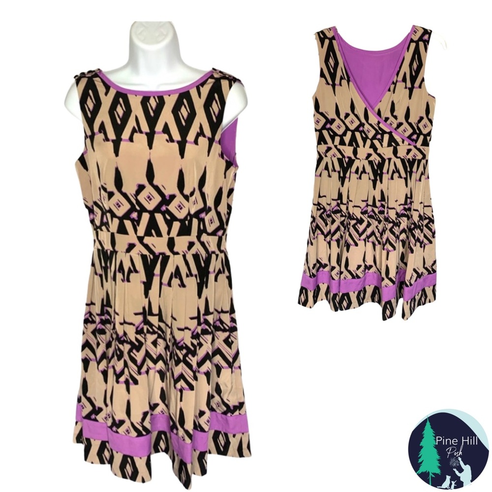 Jessica Simpson Sleeveless Dress Size 6 A-line V-back Tan Purple Tribal Taffeta
